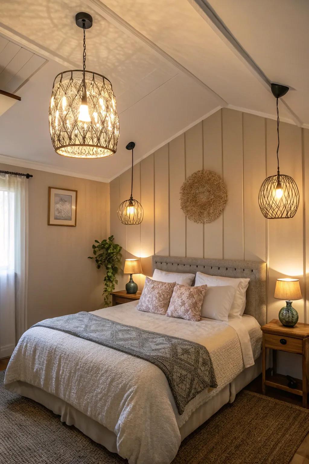 A compact bedroom with lighting accents from pendant lights and lamps that create a cozy ambiance.