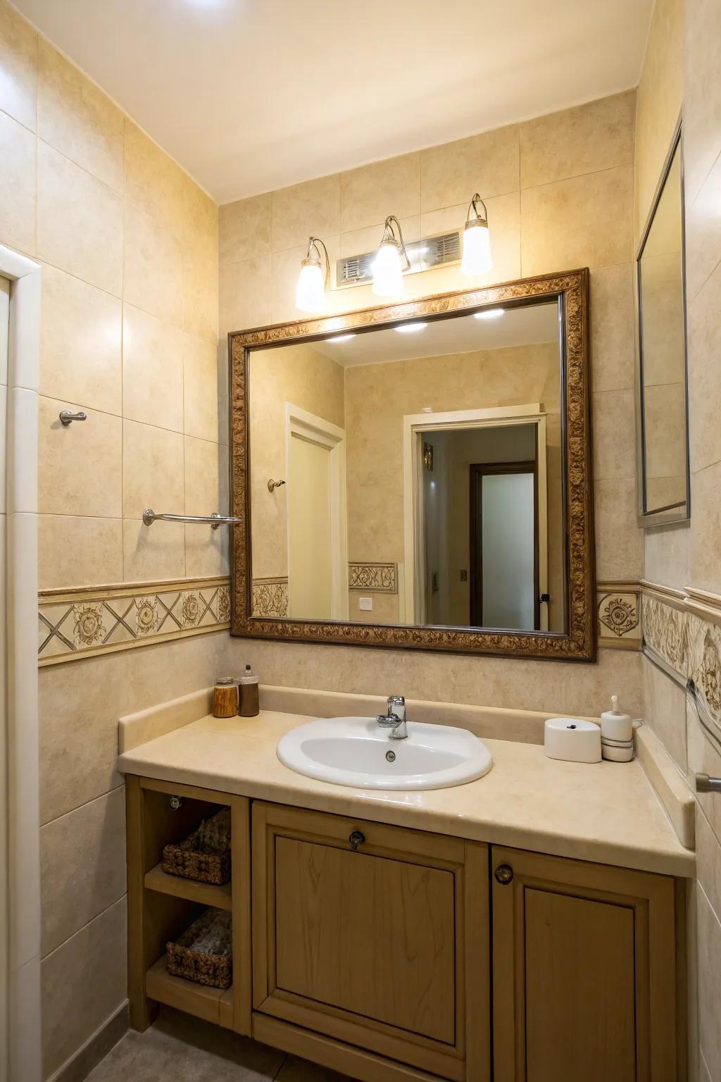 A sense of spaciousness achieved in a small bathroom using a large mirror.