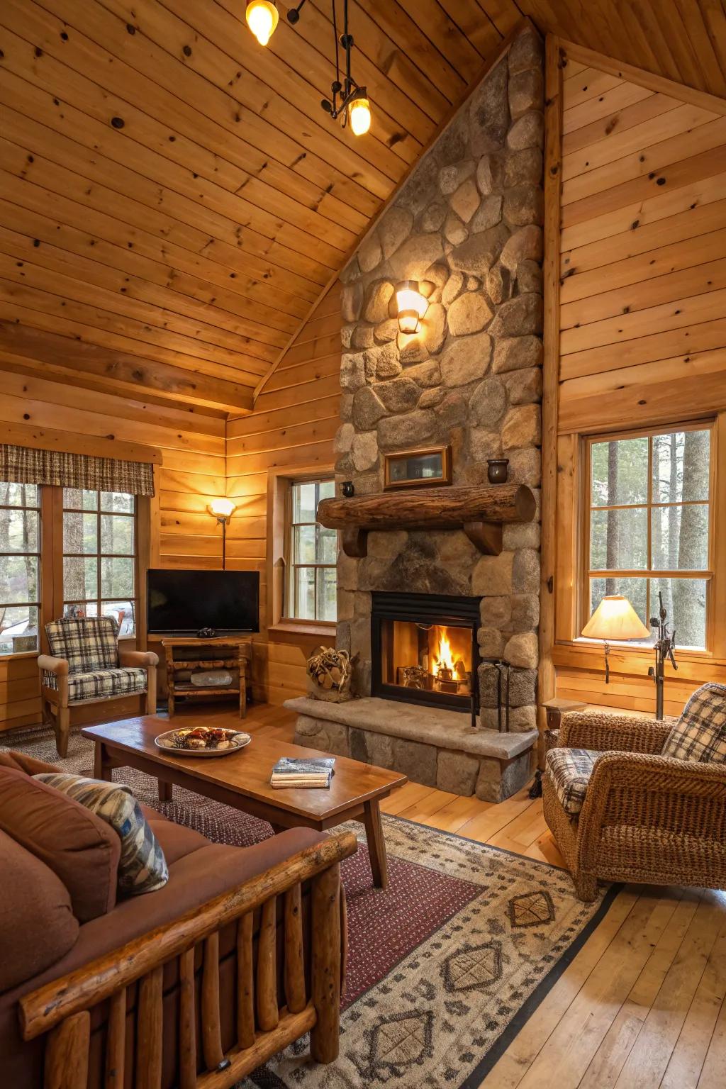 A cabin interior featuring a warm and inviting color palette.