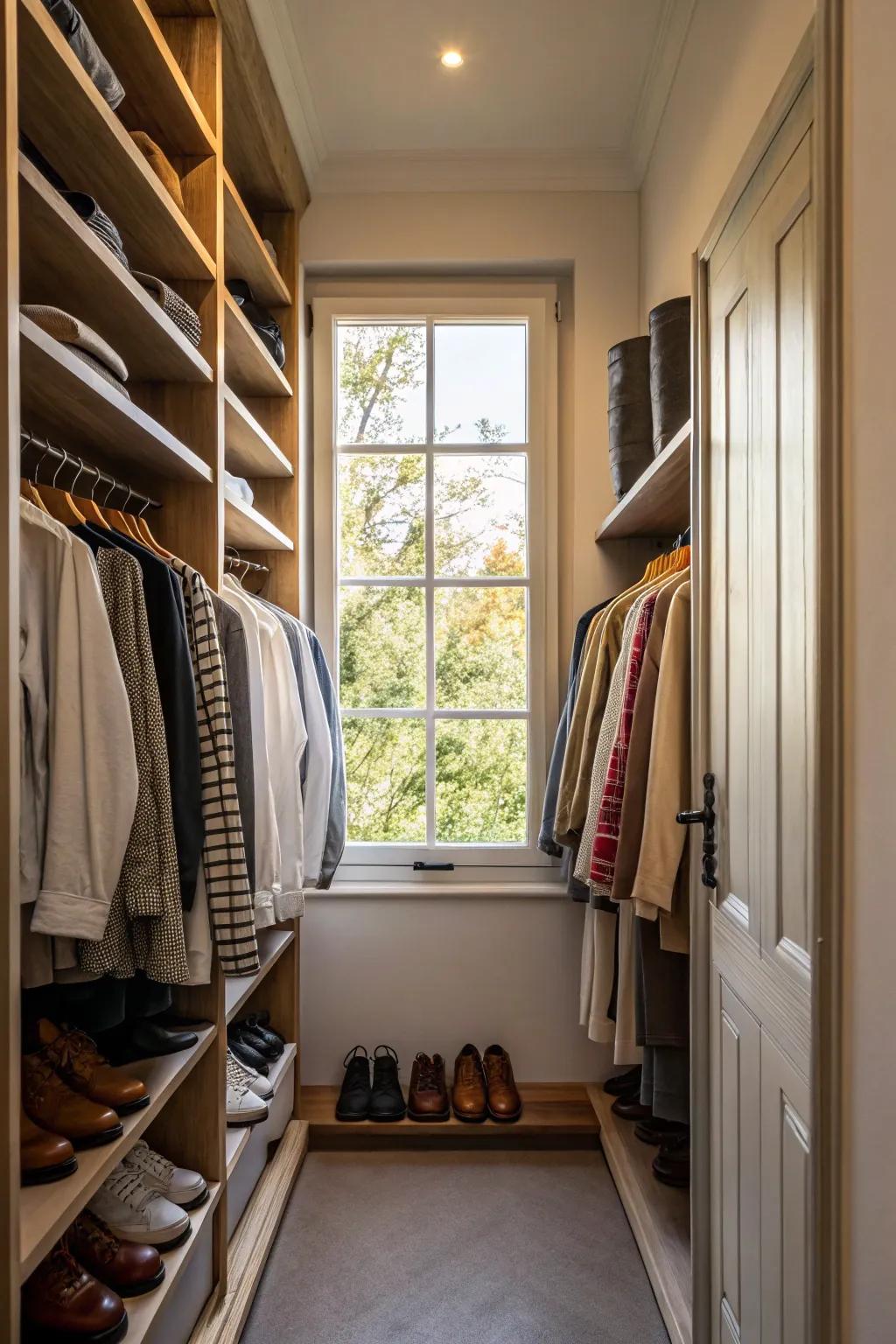 Natural light floods into a small, welcoming closet.