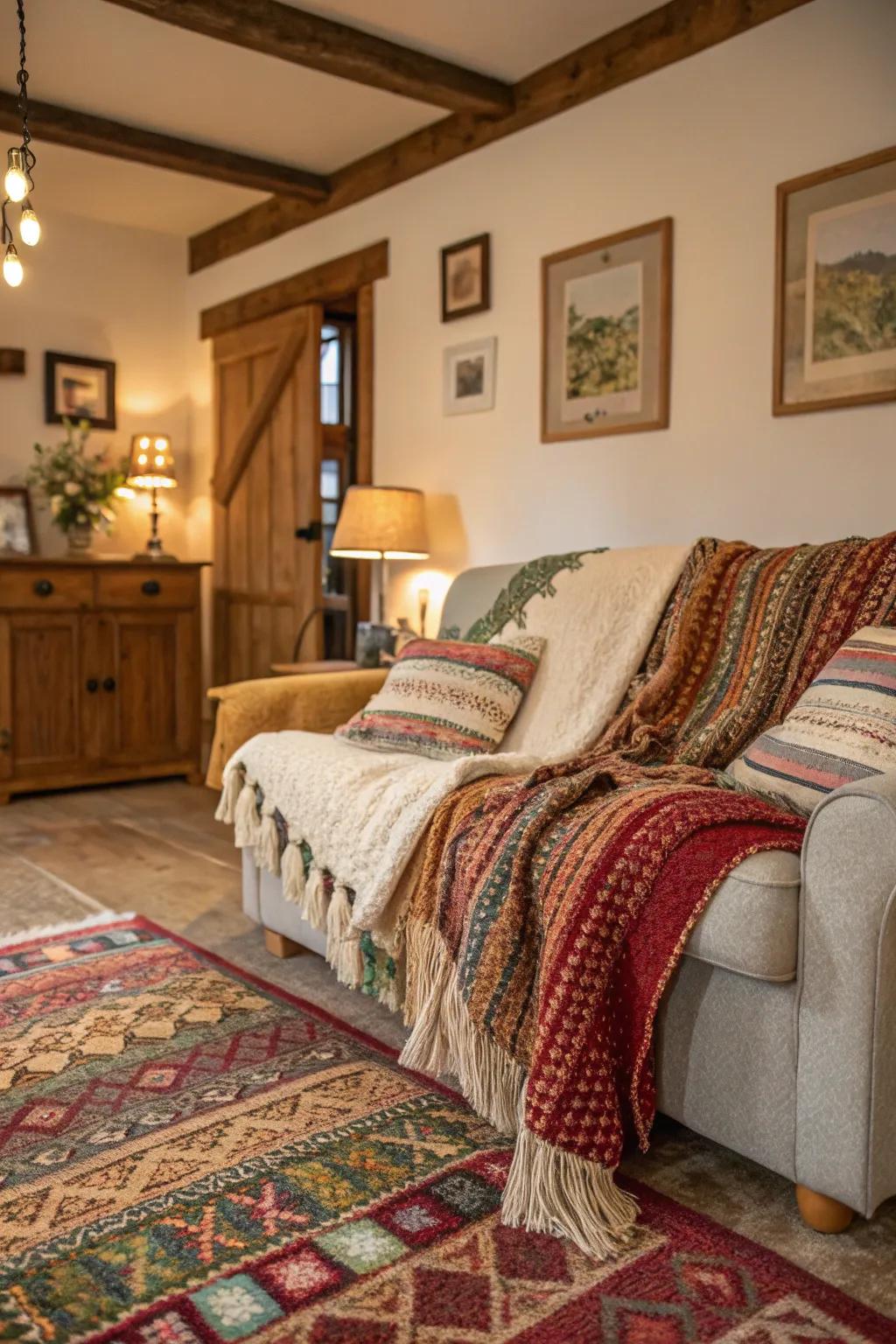 Assembled textures bring comfort and profundity to this comfortable dwelling space.