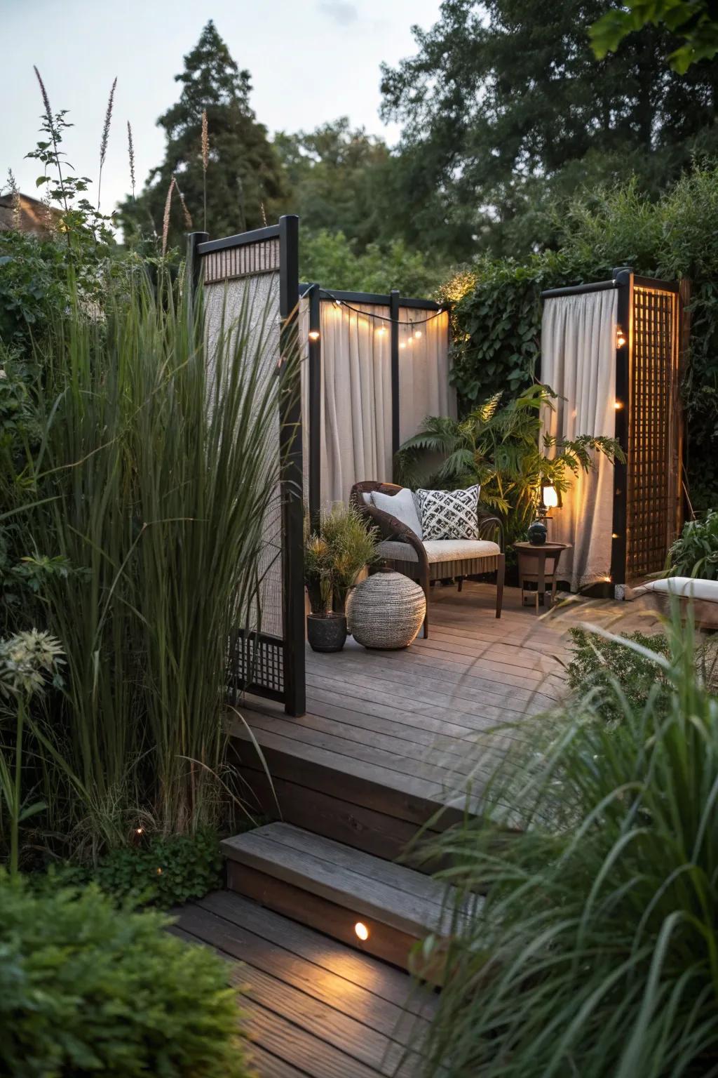 Plants and screens offer seclusion and privacy.