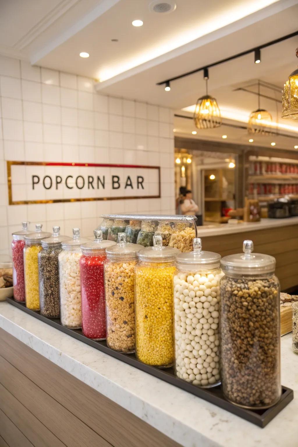 A refined popcorn station presenting a variety of both sweet and savory alternatives.