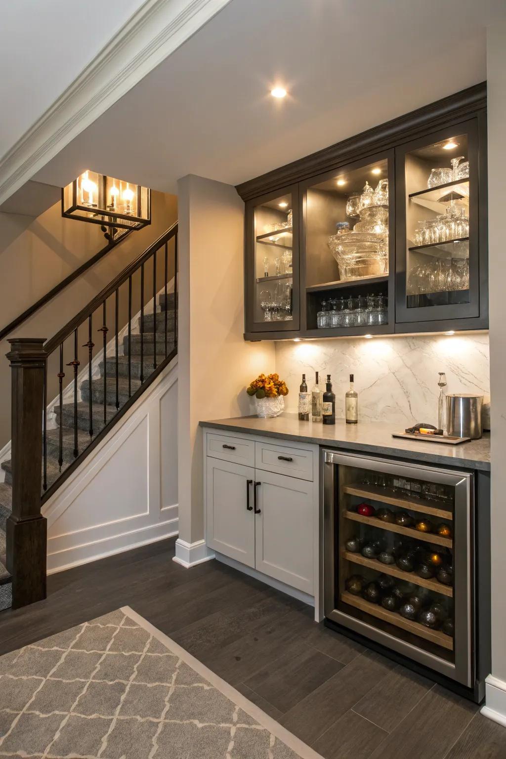 Employ beneath-stair area for a compact dry bar.