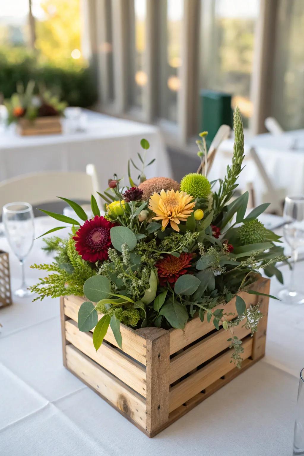 A rustic crate laden with flowers crafts an endearing centerpiece.