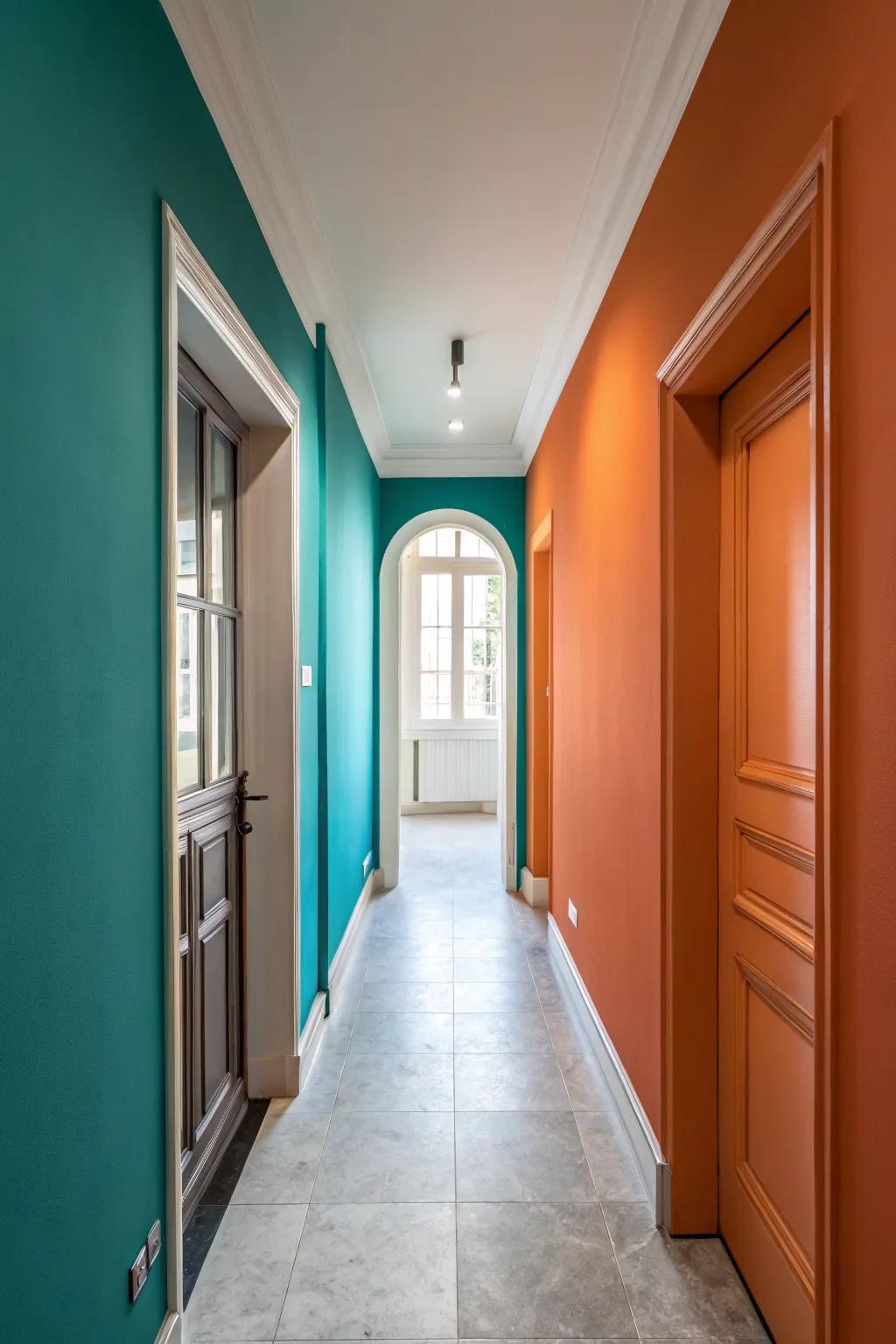 Dual-hue walls enhance the richness and character of compact hallways.