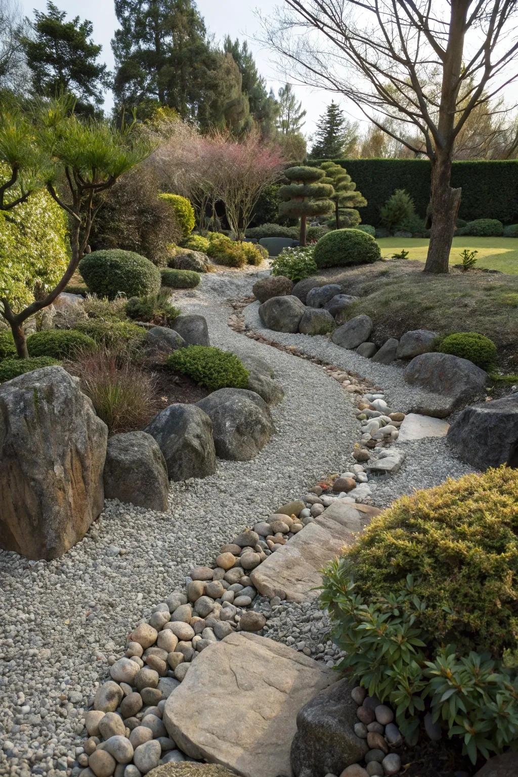 A dry creek bed contributing texture and visual attraction.