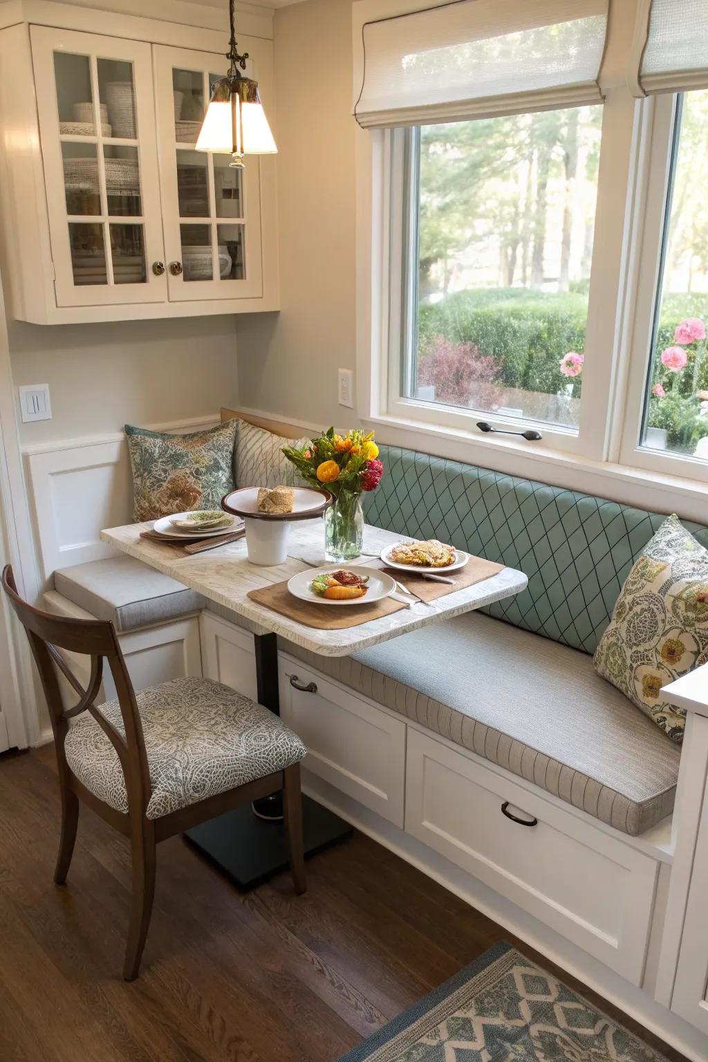 A banquette seating space that marries comfort with storage.