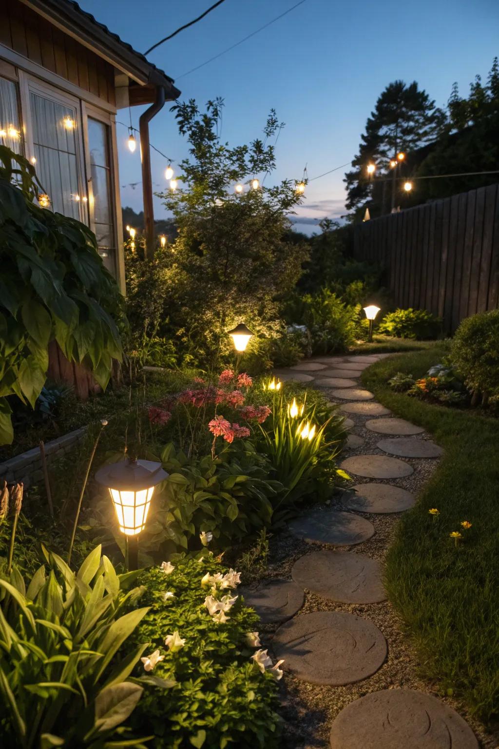 Garden illumination brings a warm, inviting ambiance after sunset.