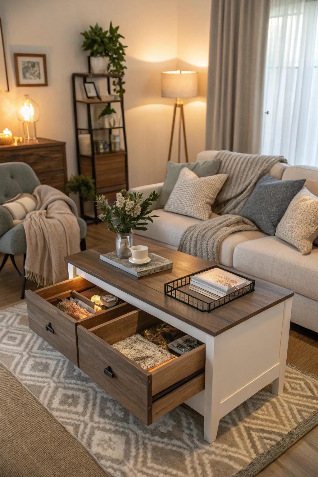 A coffee table with storage maintains a clutter-free environment.