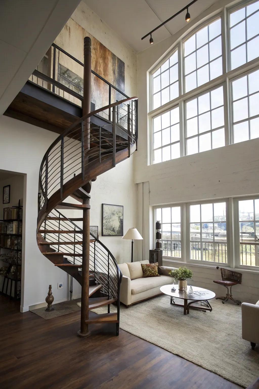 A winding staircase adds both function and flair.