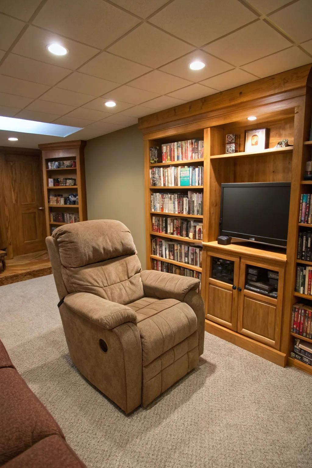 A recliner with integrated stowage furnishes both comfort and common sense.
