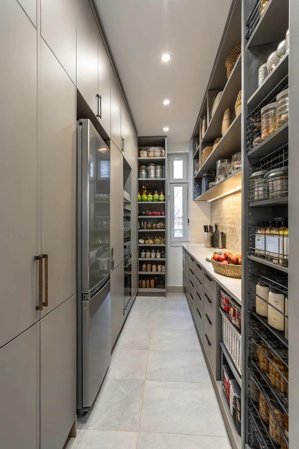 Vertical storage optimizes area within this narrow cooking space.
