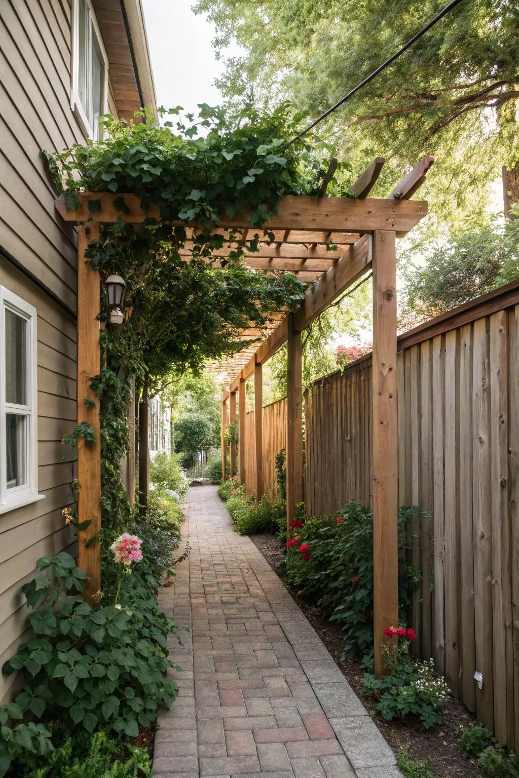 Trellises give vertical elegance to narrow side yards.