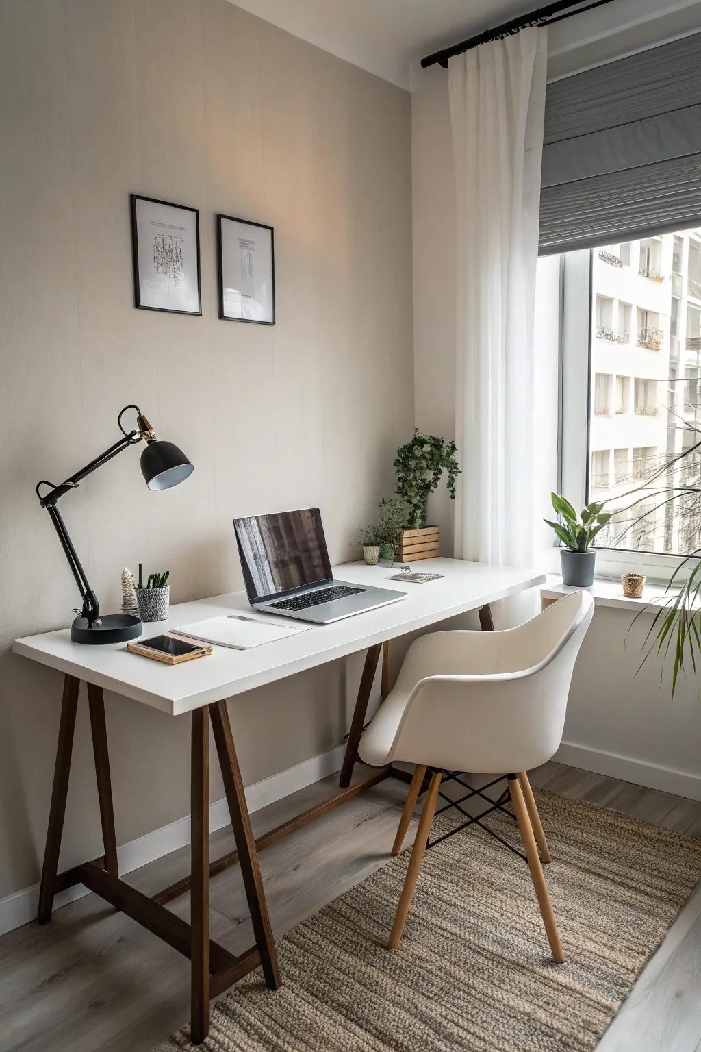 A minimalist office featuring a sleek work surface design.