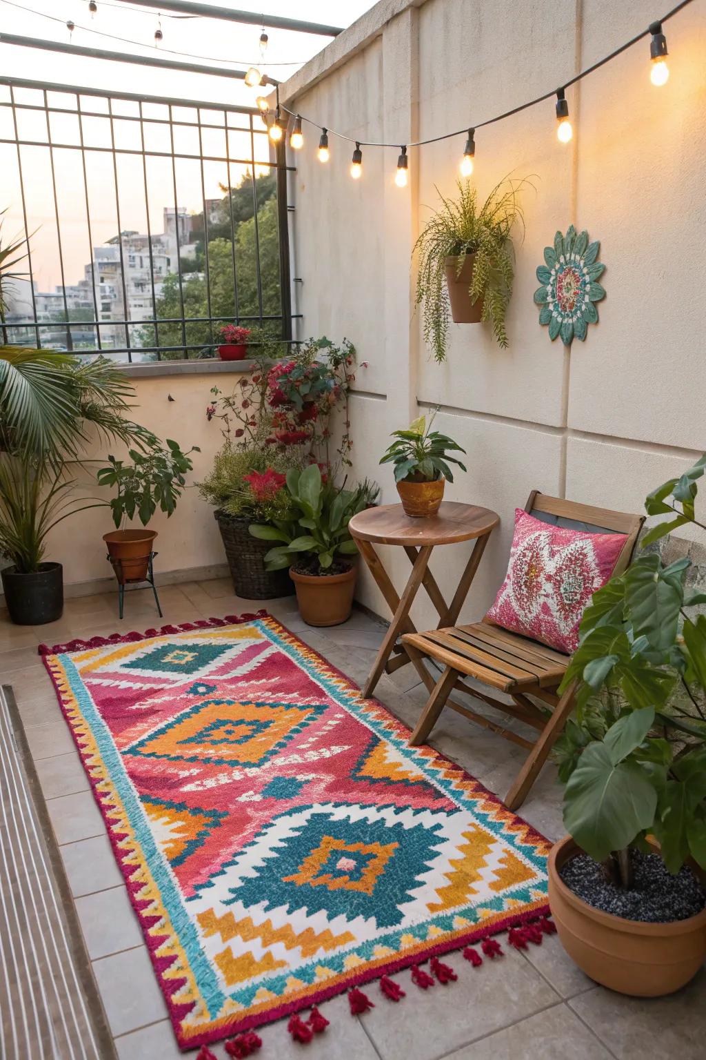 An outdoor carpet infuses color and comfort into your compact space.