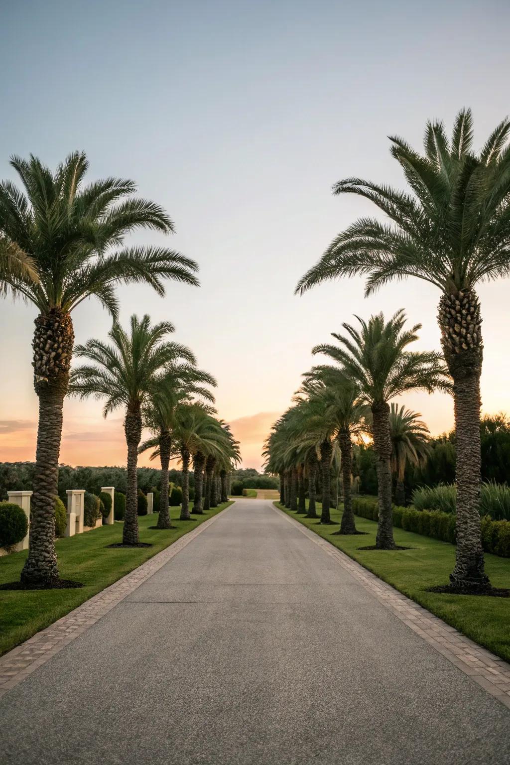 A symmetrical palm arrangement crafts a balanced and welcoming entrance.