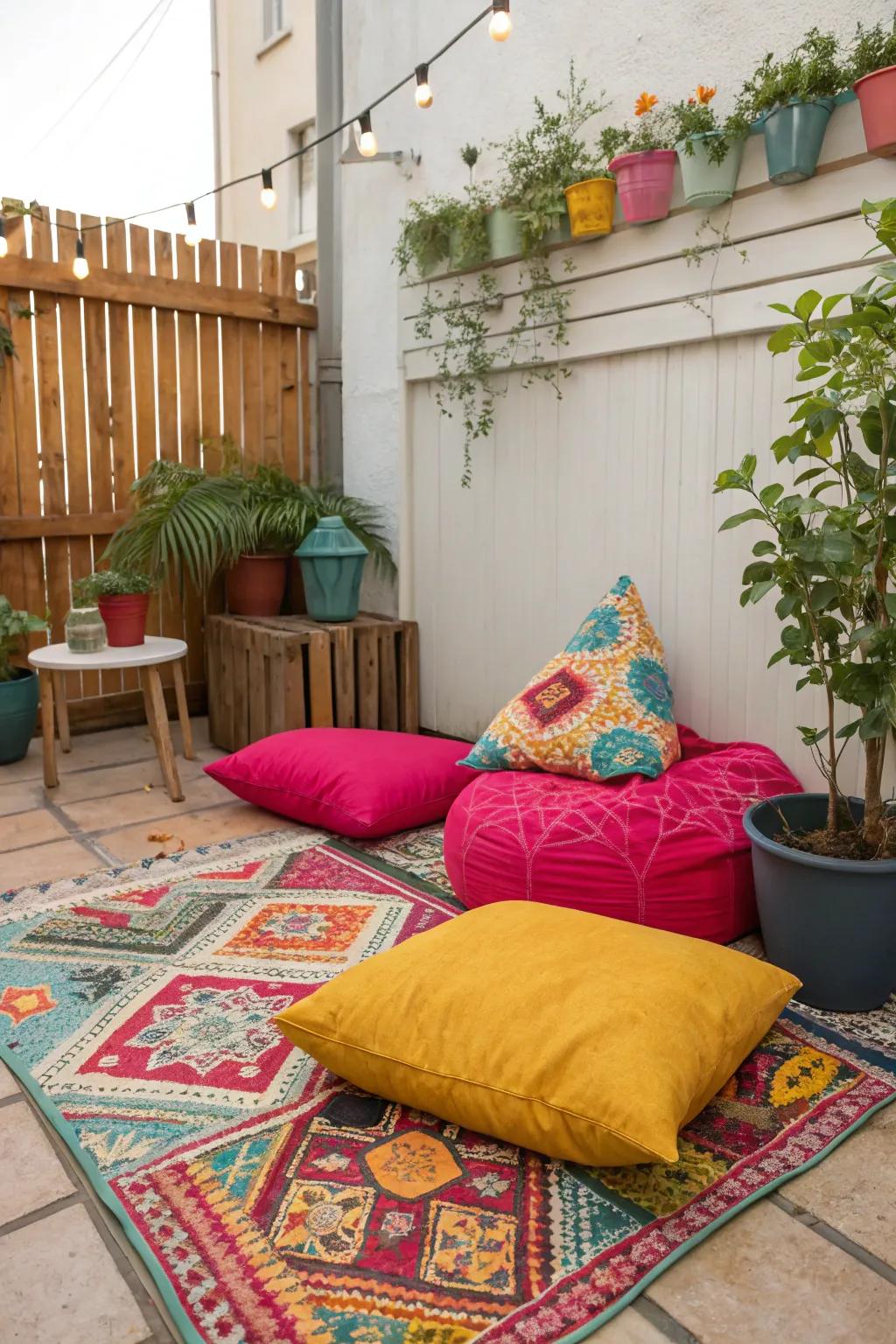 A small patio enlivened with vibrant touches and textiles.