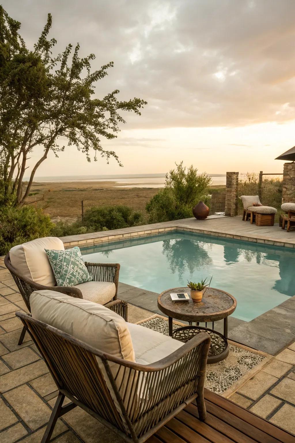 An inviting seating zone by the pool encourages relaxation and social gatherings.
