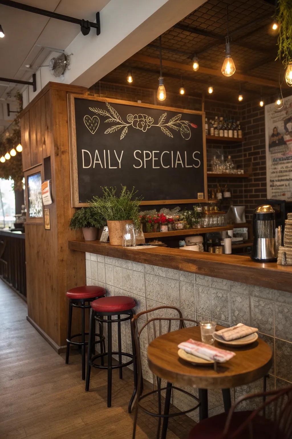 A chalkboard menu introducing a personal and practical touch to a compact restaurant bar.