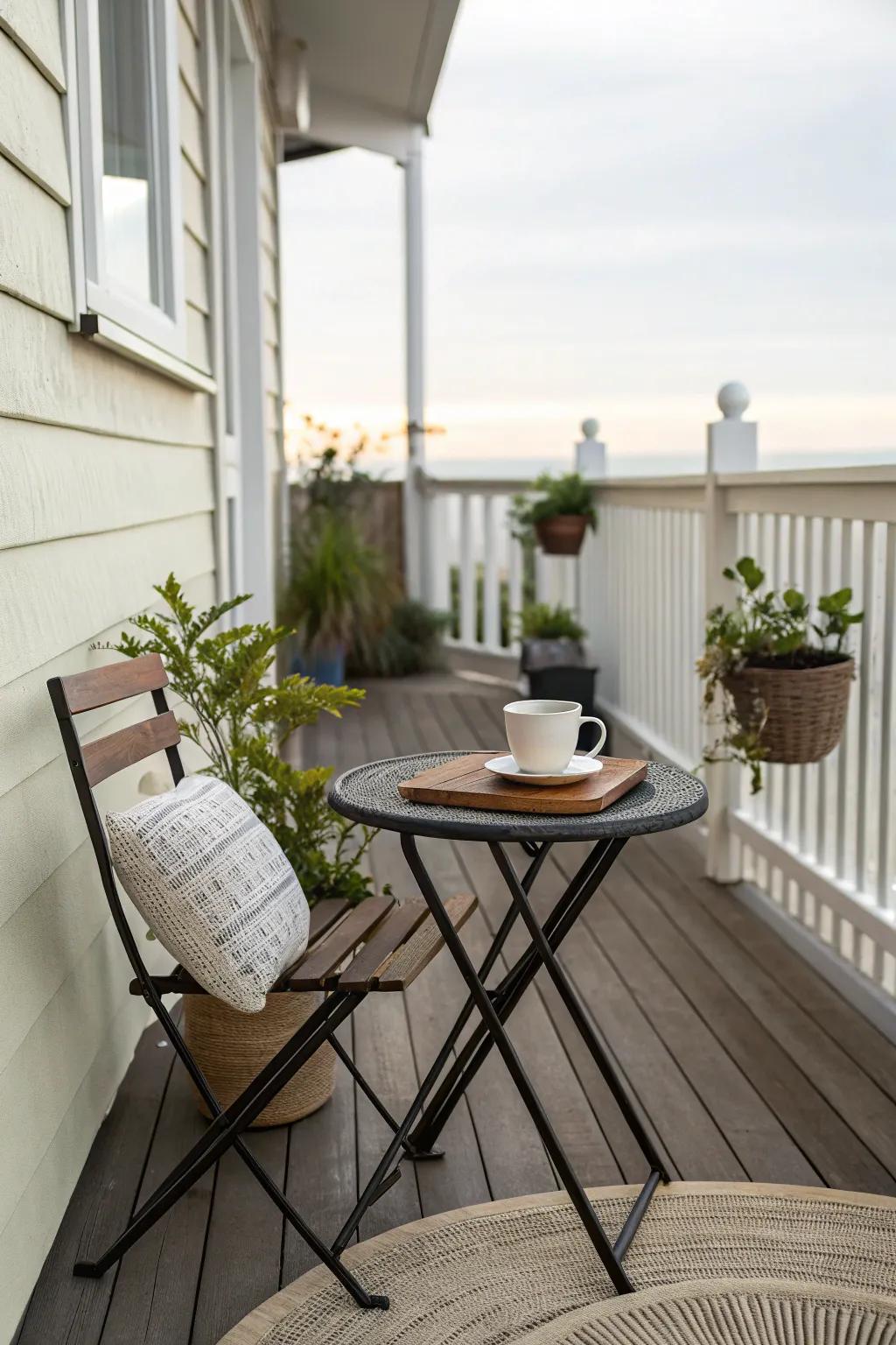 A small round table on a side porch, perfect for rest.