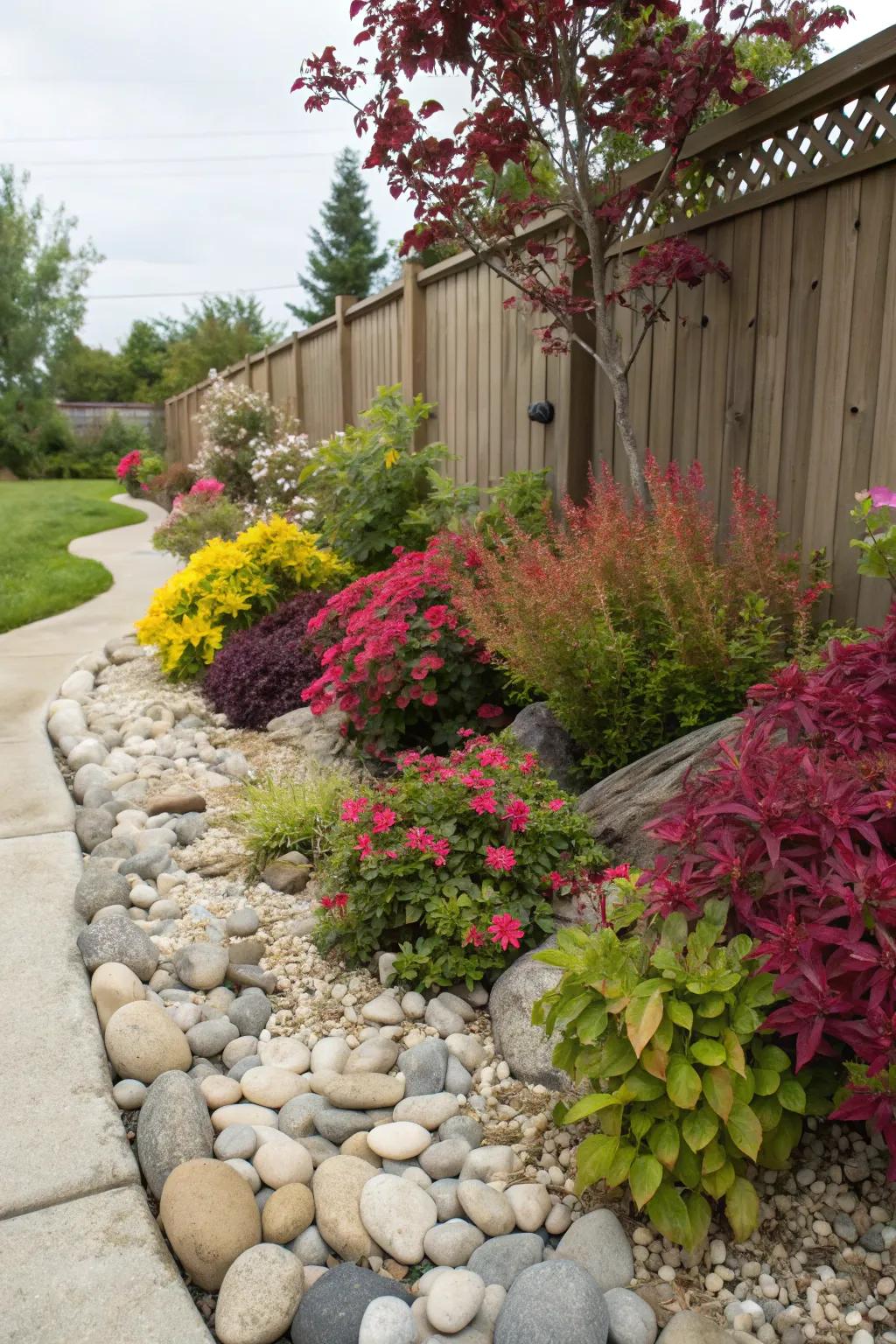 A flawless pairing of vibrant plants and ornamental rocks.