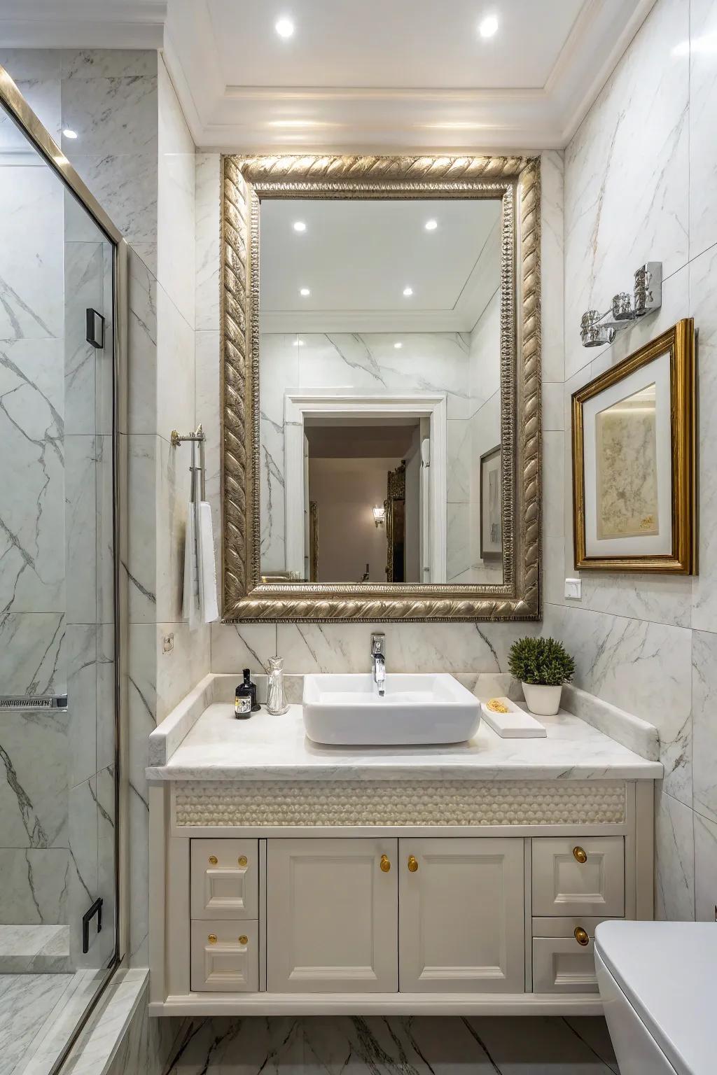 Substantial mirrors amplify space and light in small restrooms.