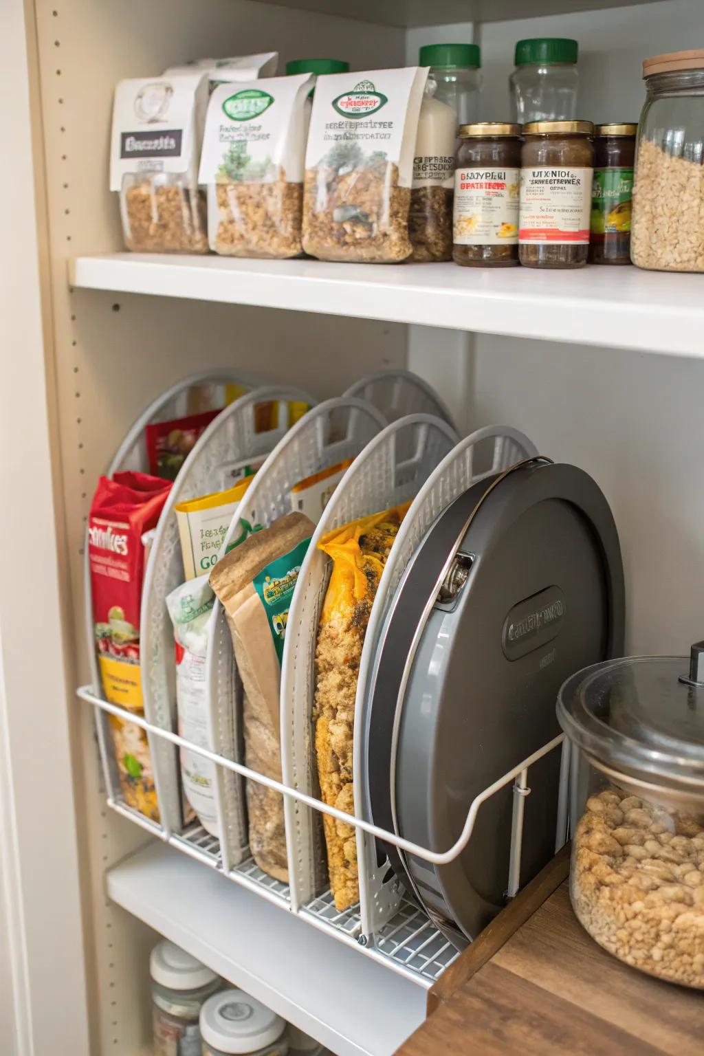 A pot cover organizer works as a snack bag holder.