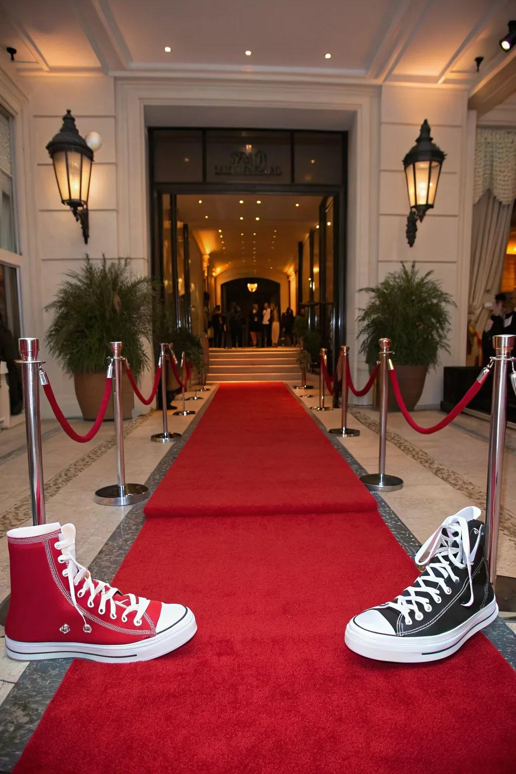 A captivating crimson carpet entryway featuring footwear ornaments.