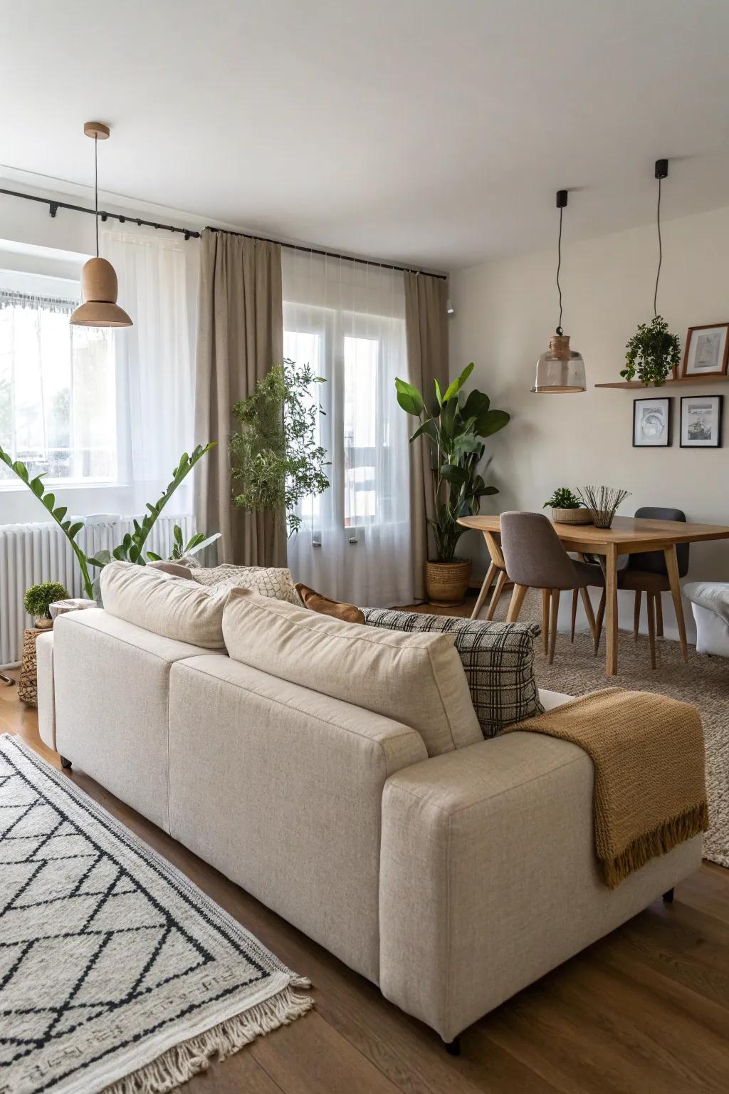 A backless couch cleverly partitioning an open-plan, petite living area.