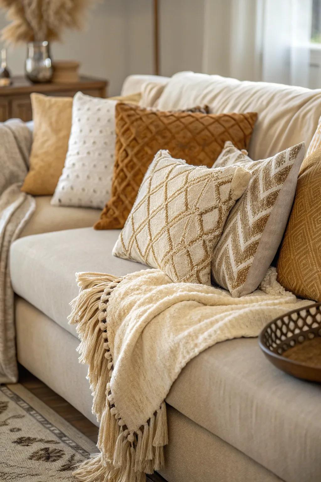 Layered fabrics inject warmth and richness into your seating area.