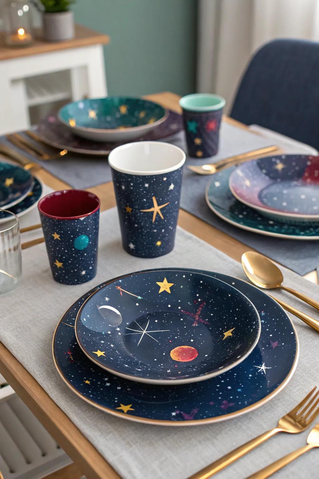 Eat among the stars using tableware featuring a space motif.