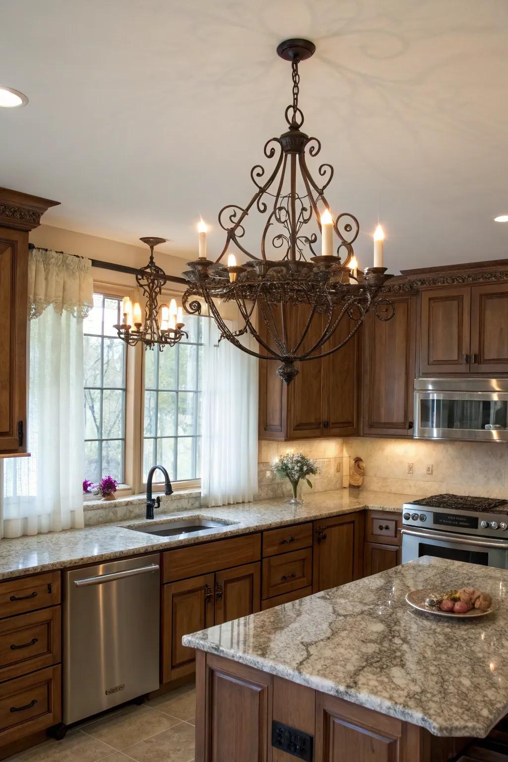 Worked iron illumination contributes countryside elegance to the area.