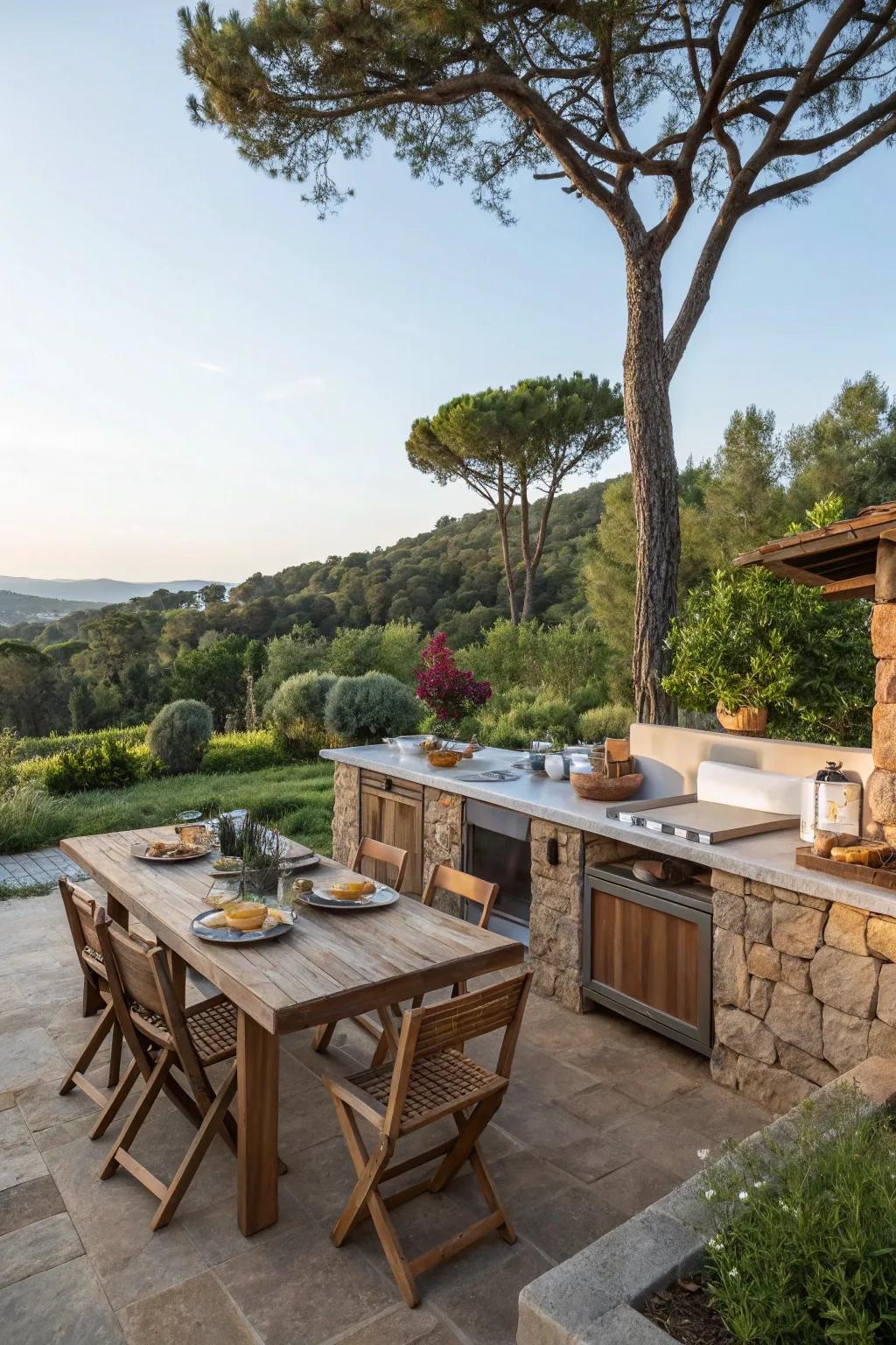 Lush vegetation encircles this welcoming outdoor cooking area, crafting a serene getaway.