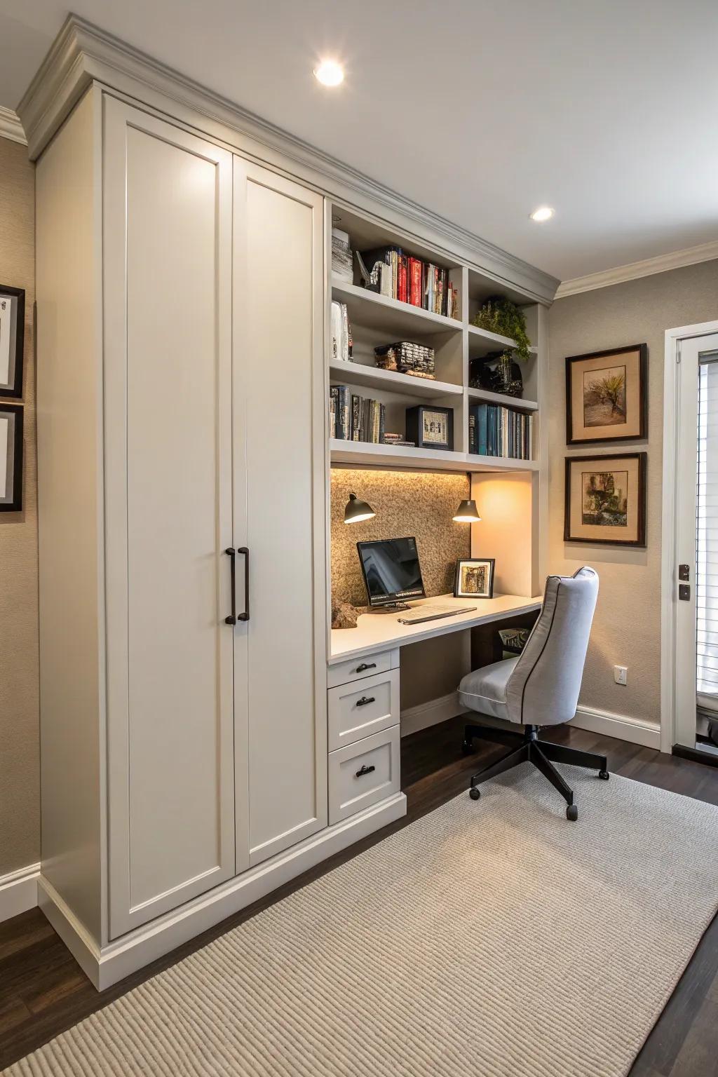 A Murphy bed provides a sleek, space-saving sleeping choice.