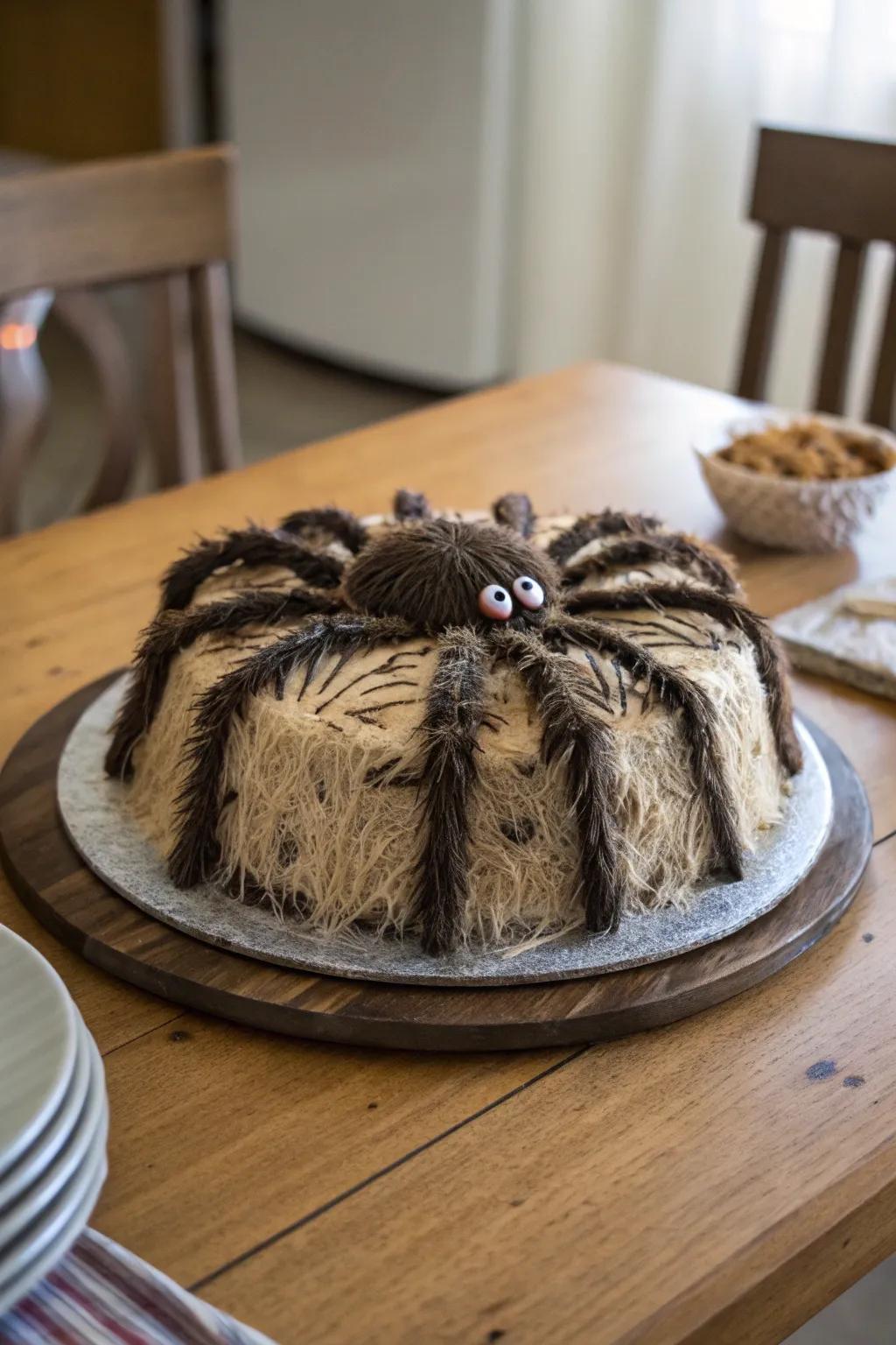A furry spider cake that appears almost genuine.