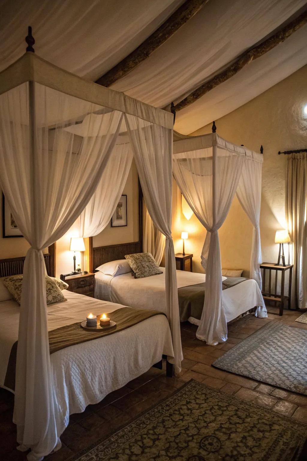 Canopies offer needed privacy alongside comfortable seclusion when sharing a room.
