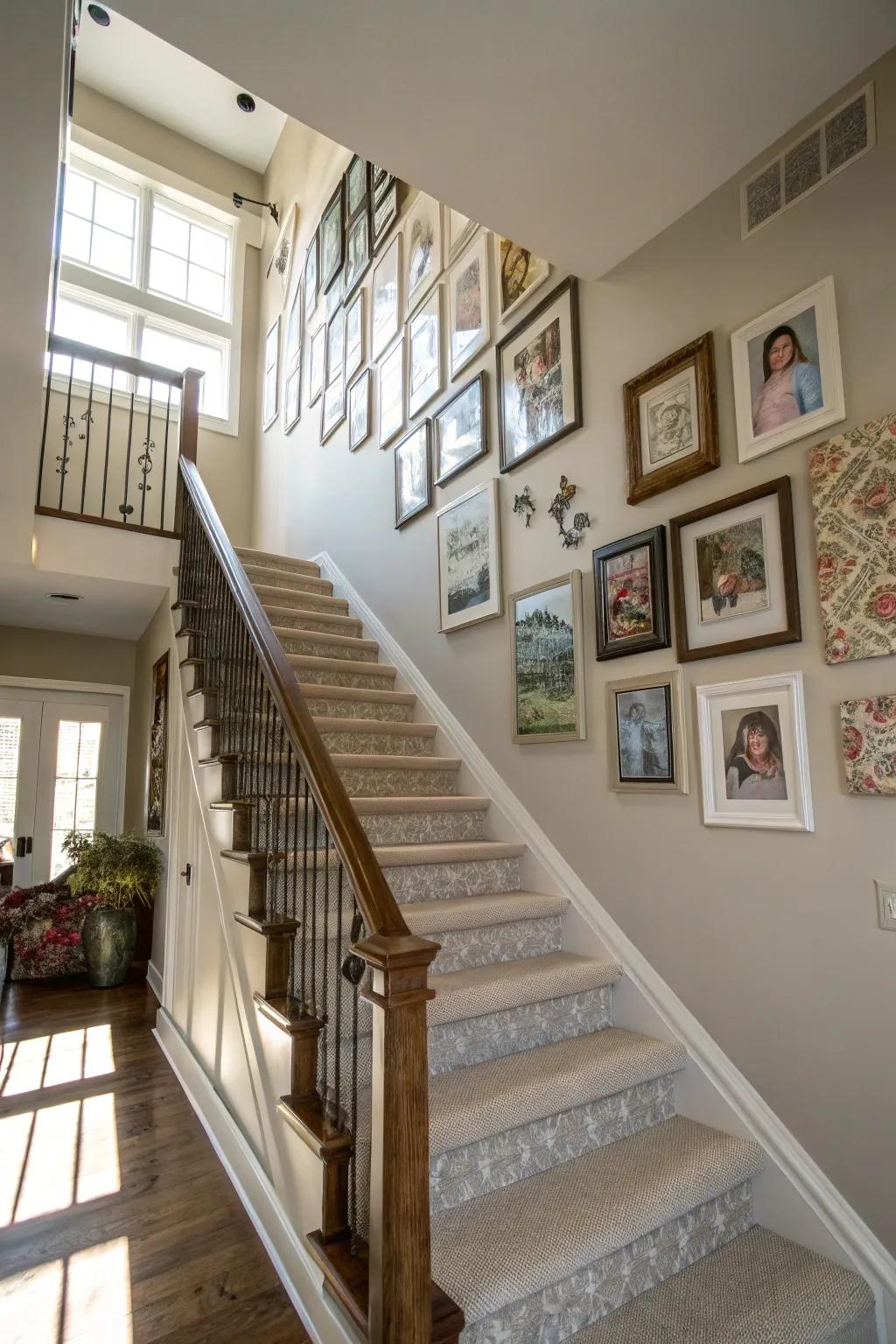 A display wall incorporates personal charm into your stairway.