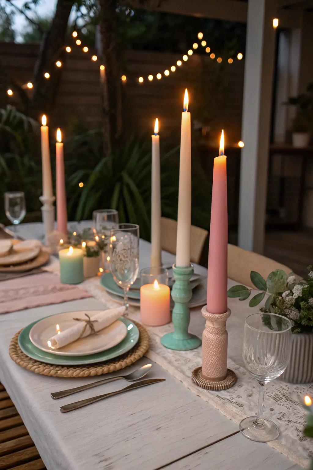 Candlelight infuses charm and warmth into the arrangement.