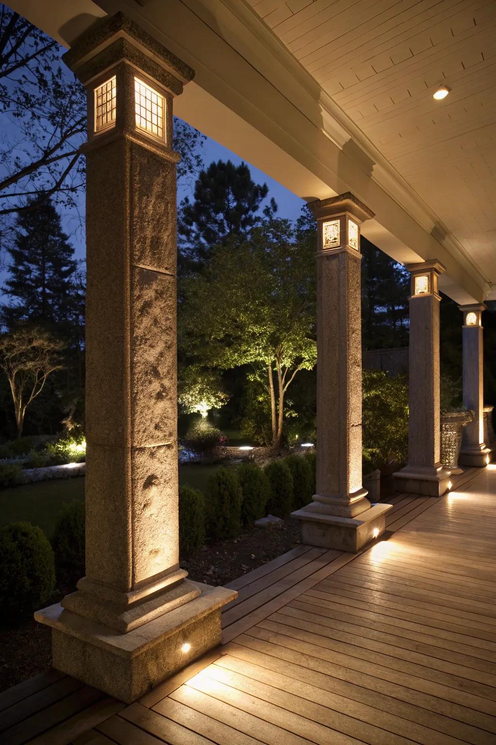 Illumination incorporated into square columns creates a welcoming glow.
