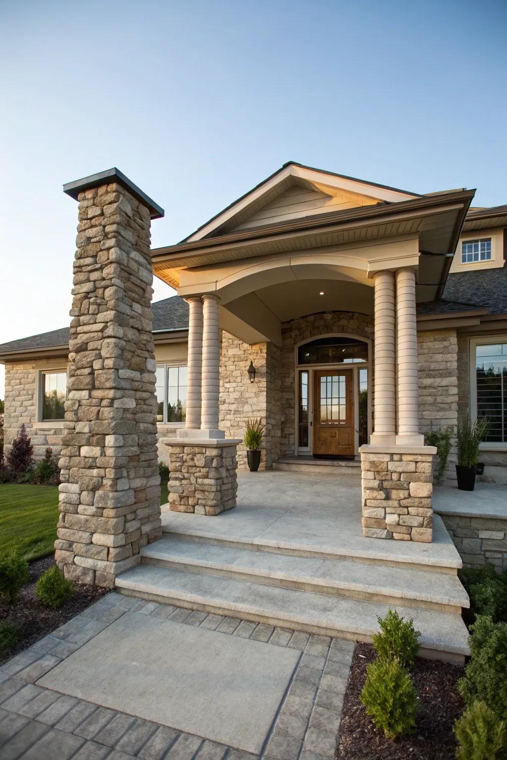 Stone surface pillars provide an elegant embellishment to this home's entrance.