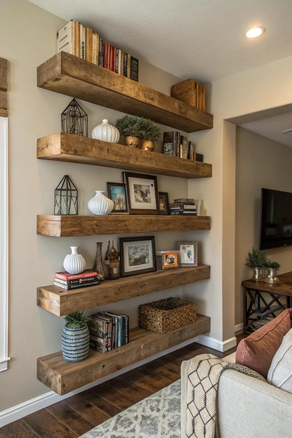 Provincial allure featuring reclaimed timber shelves.