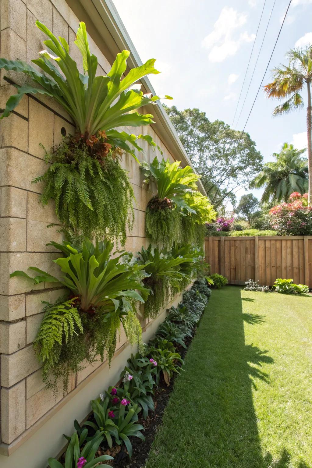 An outdoor wall converted into a verdant haven showcasing staghorn ferns.