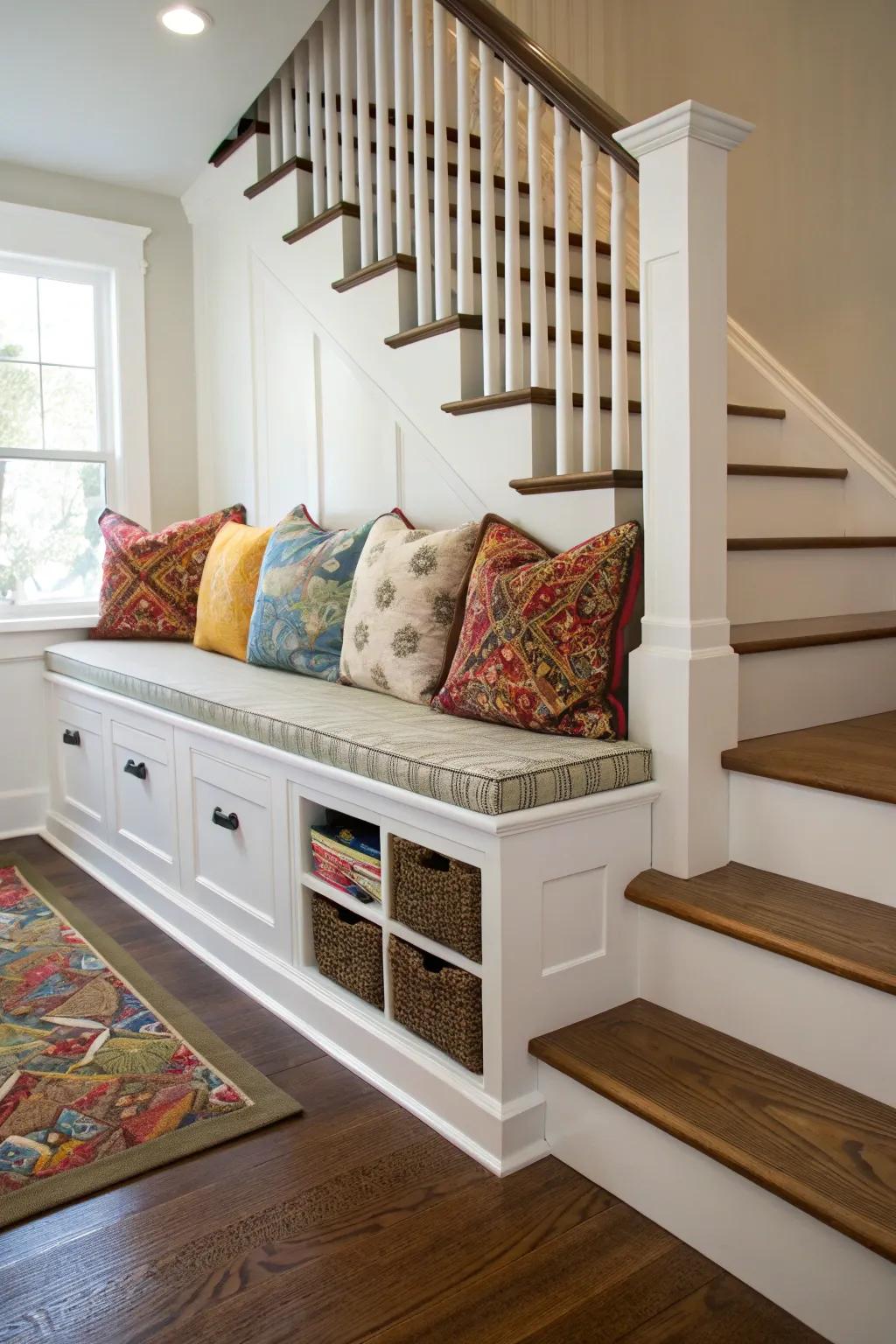 A built-in bench in your stair area offers a place to sit and useful storage.