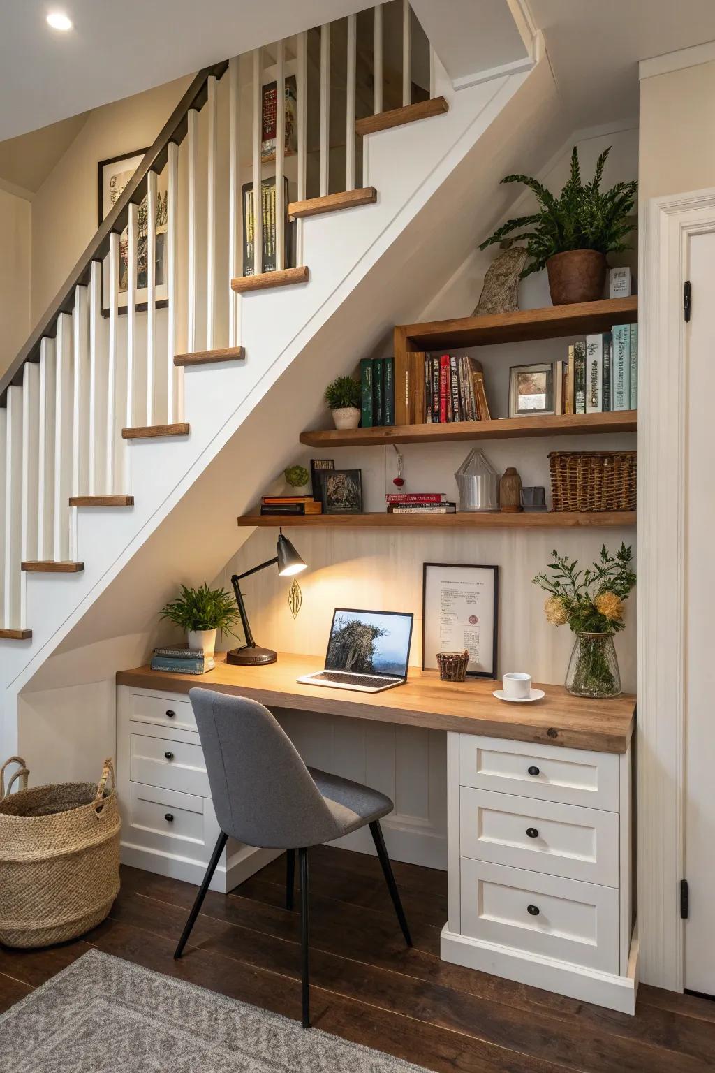 Carve out a perfect work-from-home area under your stairs.