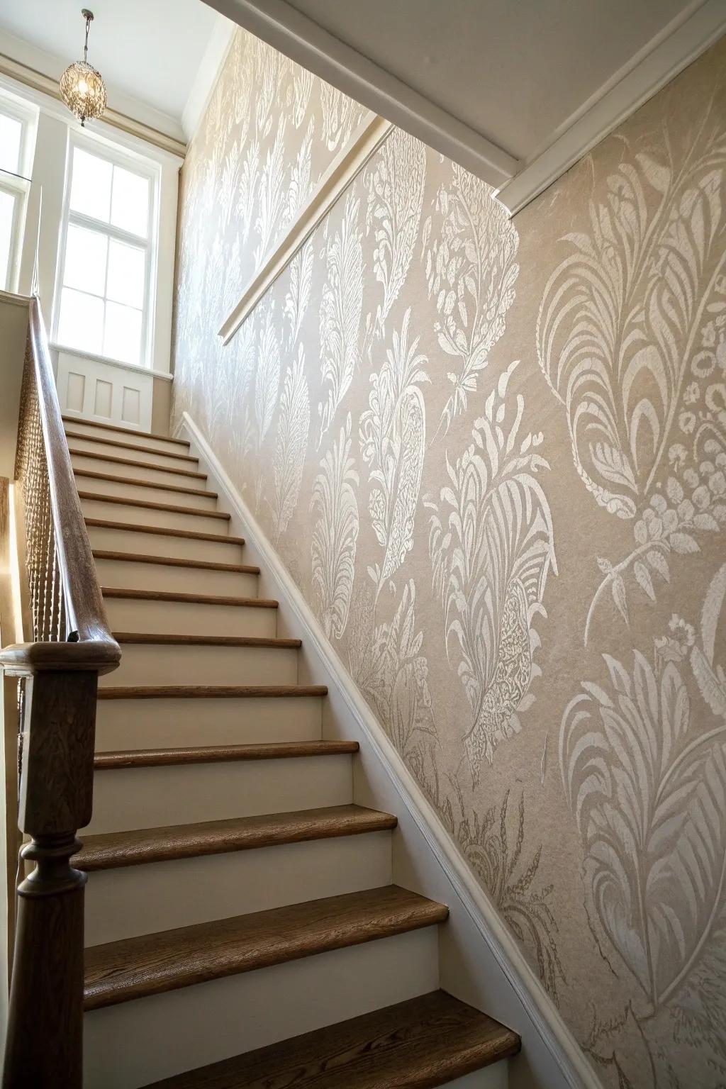 Surface design wall covering effortlessly incorporates dimension to staircase walls.