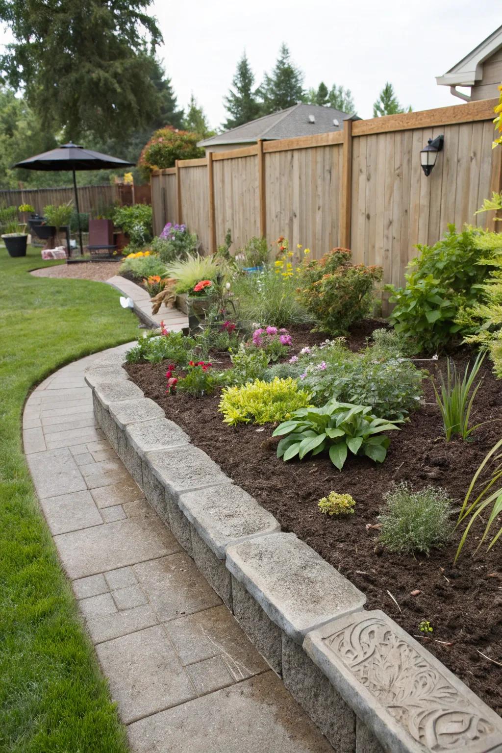 Backyard featuring useful elevated stamped concrete border