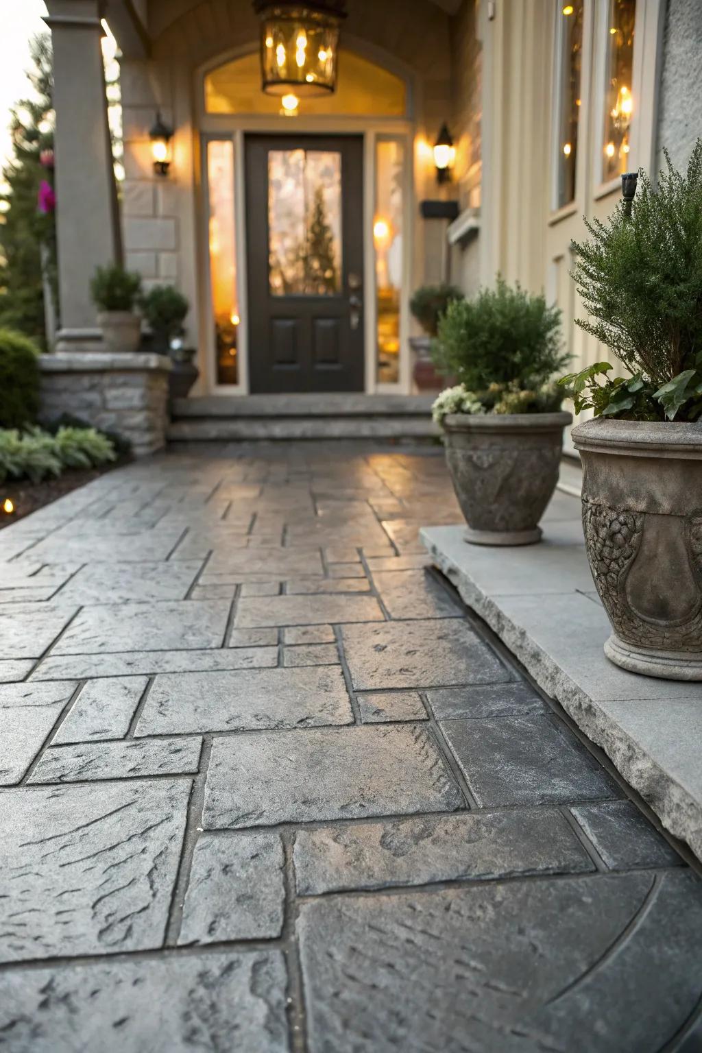 Flagstone-patterned concrete brings timeless elegance to this entryway.