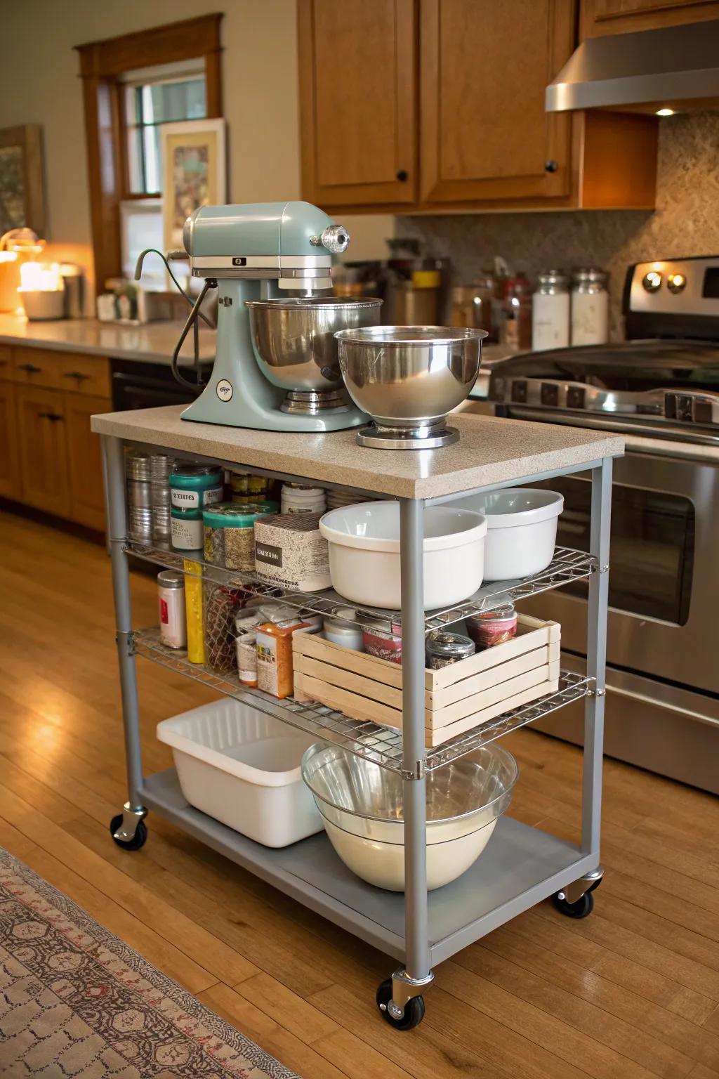 Practical portability: A rolling cart allows your mixer to be mobile