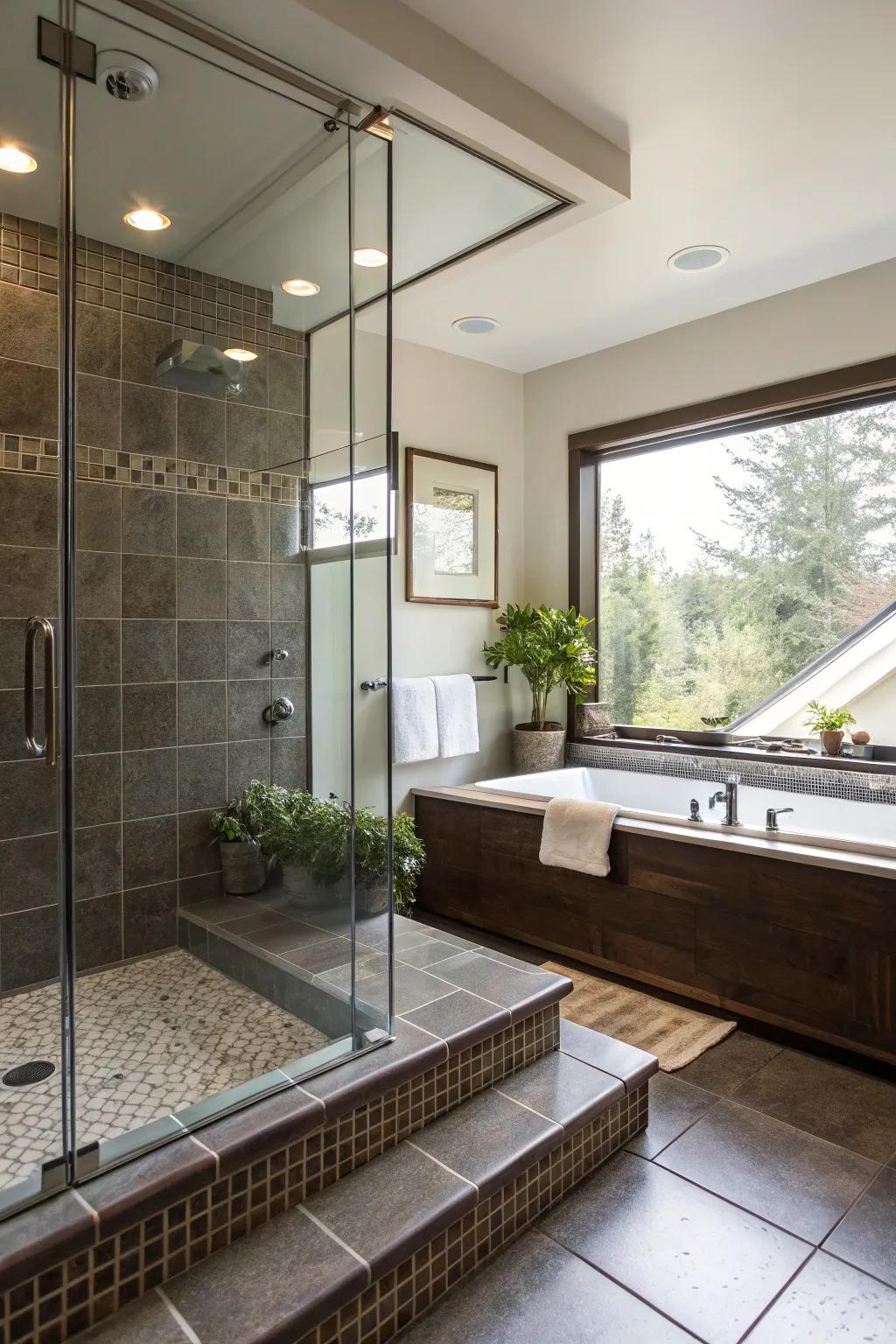 A bathroom arrangement showcasing a harmonious split-level shower and soaking tub, providing adaptability.
